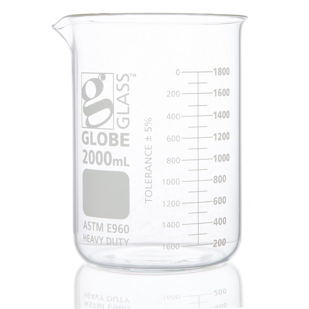 Globe Scientific Beaker, Globe Glass, 2000mL, Low Form Griffin Style, Heavy Duty, Dual Graduations, ASTM E960, 4/Box Beaker;2000ml heavy duty beaker;beaker glass